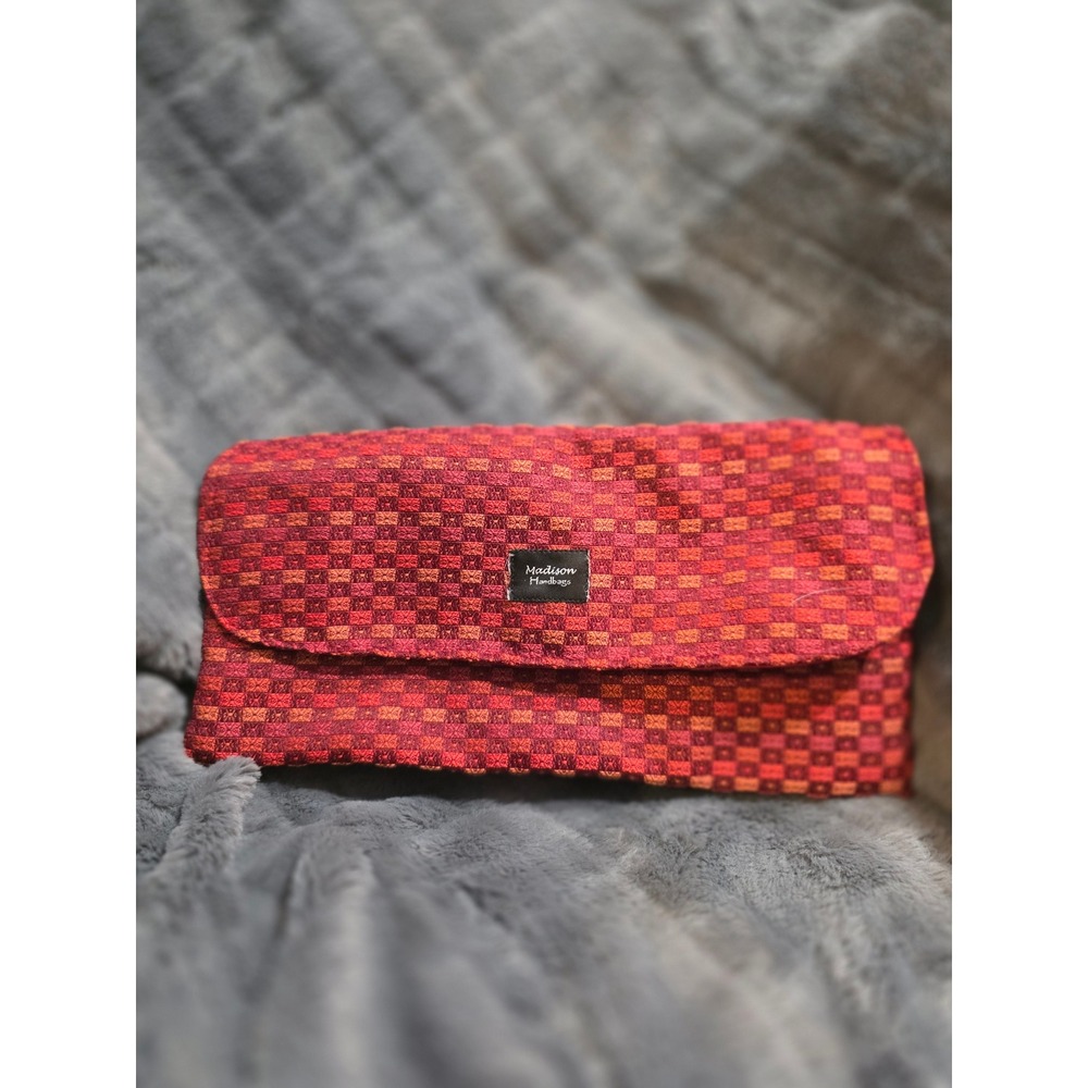 Madison Handbags Red Orange Checkered Woven Clutch Bag Magnetic Snap Closure